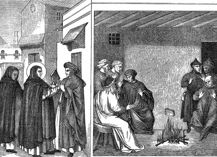 Framed Print : Alibgensian heresy. St Dominic gives a book professing the true Christian faith to an Albigensian envoy Framed Print : Alibgensian heresy. St Dominic gives a book professing the true Christian faith to an Albigensian envoy