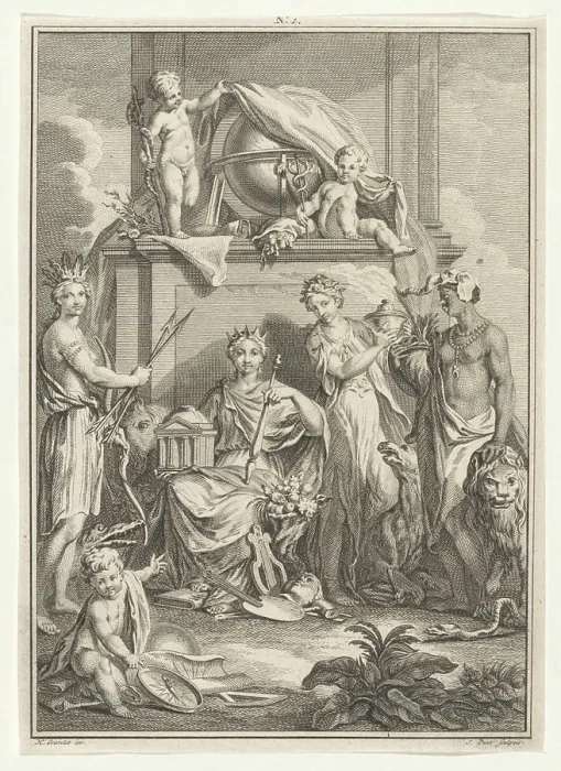 Framed Print : Allegorical performance with personnifications of four continents Framed Print : Allegorical performance with personnifications of four continents