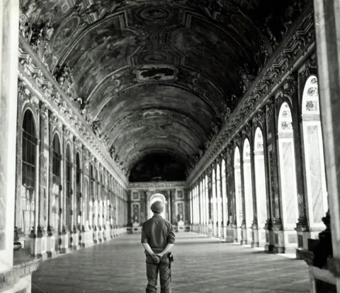 Framed Print : American soldier Versailles standing in the hall of mirrors 1944. World War two Framed Print : American soldier Versailles standing in the hall of mirrors 1944. World War two