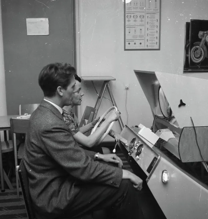 Framed Print : Anefo photo collection. unknown. Link trainer for driving school left student, right instructor. May 4, 1961
