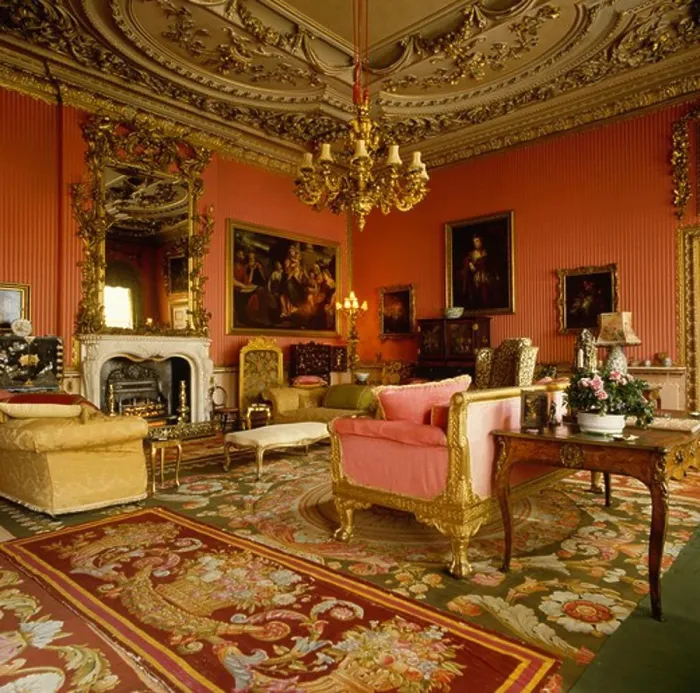 Framed Print : Antique carpets in red drawing room with ornate ceiling Framed Print : Antique carpets in red drawing room with ornate ceiling