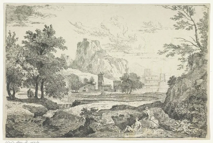 Framed Print : Arcadian landscape with a shepherd and shepherdin in the foreground Framed Print : Arcadian landscape with a shepherd and shepherdin in the foreground