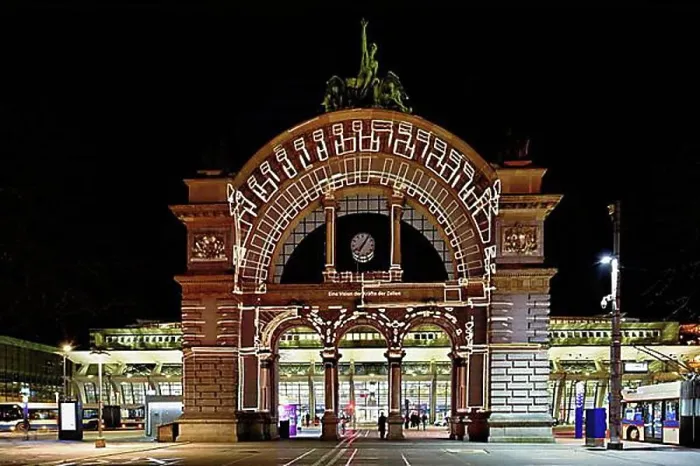 Framed Print : Archway on the station square, light installation at dusk Framed Print : Archway on the station square, light installation at dusk