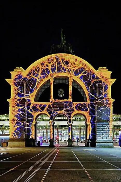 Framed Print : Archway on the station square, light installation at dusk