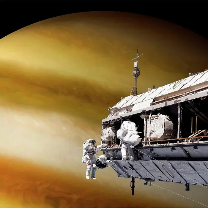 Framed Print : An artist's depiction of a team of astronauts performing work on a space station while orbiting a large alien planet Framed Print : An artist's depiction of a team of astronauts performing work on a space station while orbiting a large alien planet