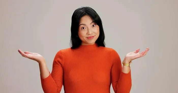 Framed Print : Asian woman, open hand and studio portrait for smile with mockup space Framed Print : Asian woman, open hand and studio portrait for smile with mockup space