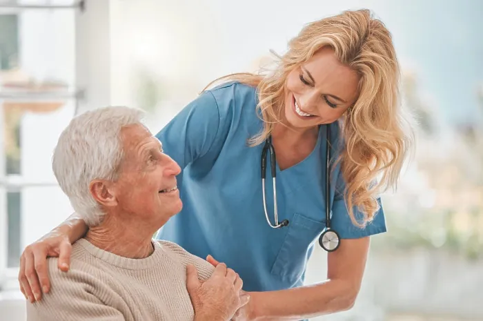 Framed Print : Assisted living, elderly care or support with nurse and old man in retirement home for medical checkup Framed Print : Assisted living, elderly care or support with nurse and old man in retirement home for medical checkup