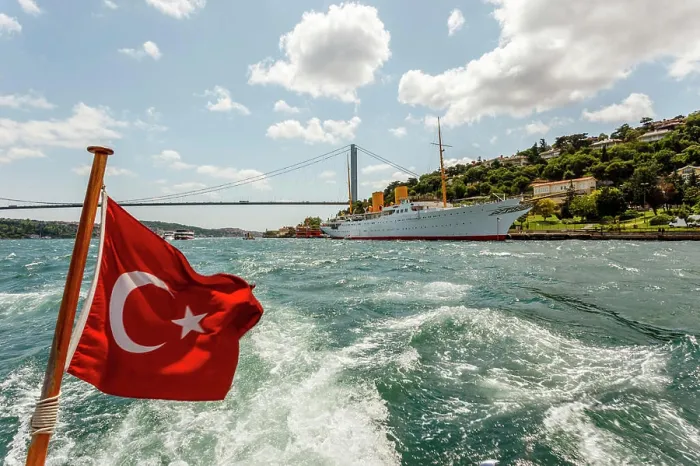 Framed Print : Ataturk's yacht Savarona, Turkish flag and bridge, Bosphorus, Istanbul, Turkey Framed Print : Ataturk's yacht Savarona, Turkish flag and bridge, Bosphorus, Istanbul, Turkey