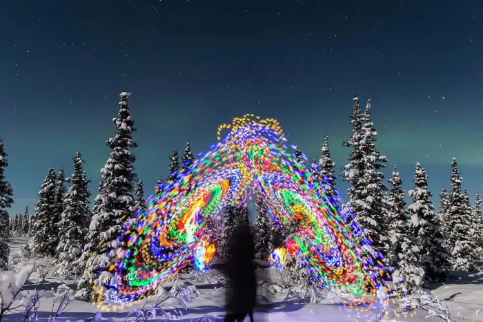 Framed Print : The Aurora Borealis Dances Over The Top Of A Vibrant Spiral Light Painting Framed Print : The Aurora Borealis Dances Over The Top Of A Vibrant Spiral Light Painting