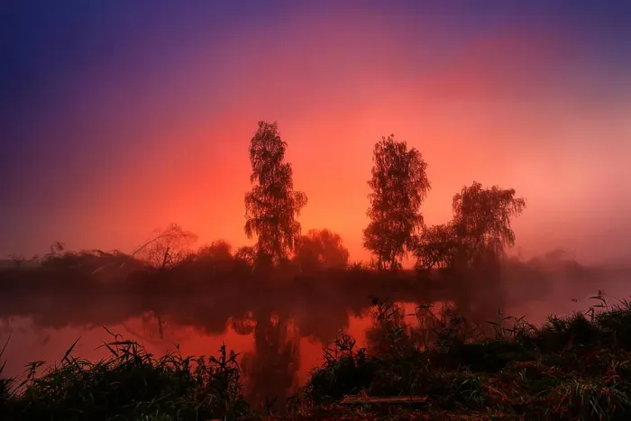 Framed Print : Autumn colorful sunrise on the foggy calm river. Autumn misty morning. Autumn dawn scene panorama