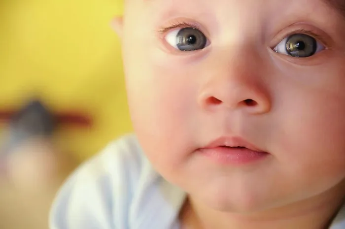 Framed Print : baby in the foreground facing forward baby in the foreground facing forward with yellow background