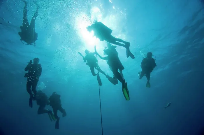 Framed Print : Bahamas, Grand Bahama Island, Freeport, Underwater view of scuba divers during safety stop 30 feet down in Caribbean Sea Framed Print : Bahamas, Grand Bahama Island, Freeport, Underwater view of scuba divers during safety stop 30 feet down in Caribbean Sea