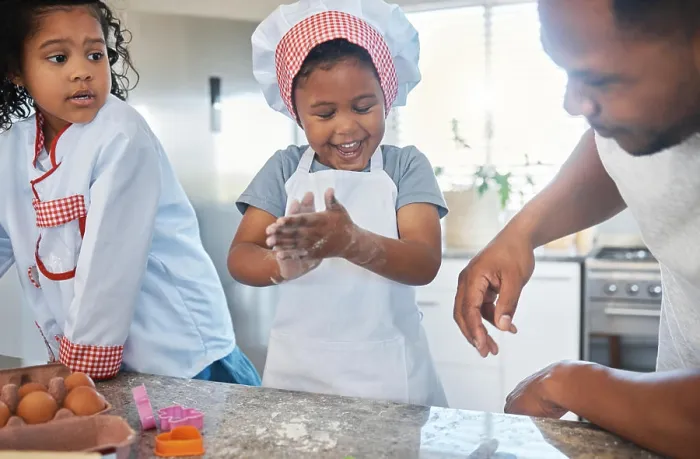 Framed Print : Baking, flour and dad with kids in kitchen for cake Framed Print : Baking, flour and dad with kids in kitchen for cake
