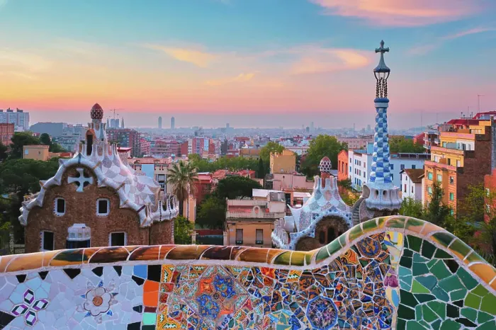 Framed Print : Barcelona city view from Guell Park with colorful mosaic buildings in tourist attraction Park Guell in the morning Framed Print : Barcelona city view from Guell Park with colorful mosaic buildings in tourist attraction Park Guell in the morning
