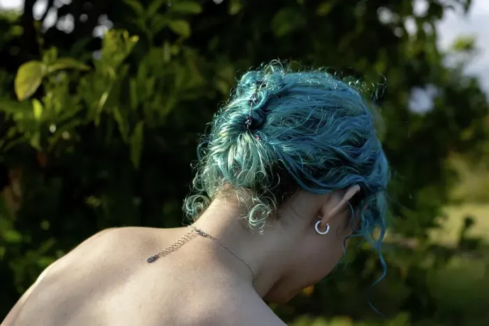 Framed Print : Bare Back Of Blue Haired Girl Wearing Necklace Framed Print : Bare Back Of Blue Haired Girl Wearing Necklace