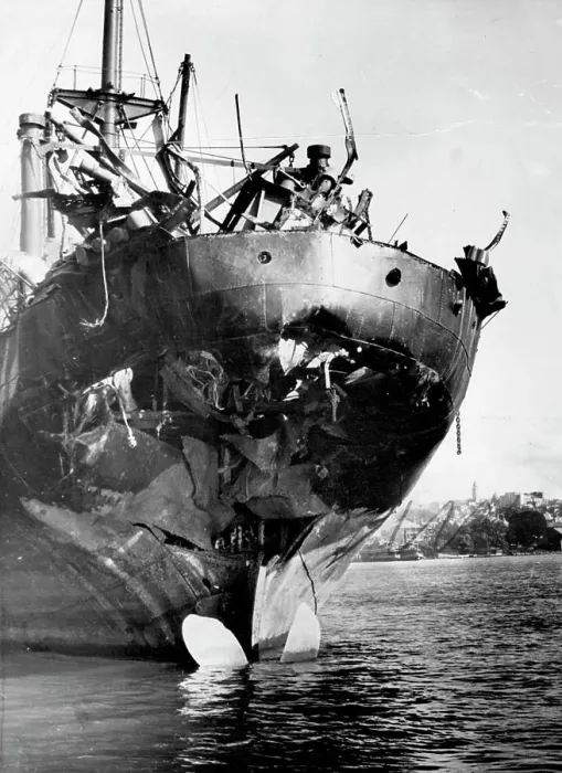 Framed Print : Battered -- Stern of the damaged freighter which reached port after being torpedoed off the NSW coast