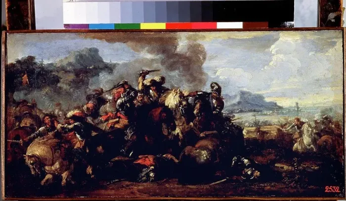 Framed Print : Battle by Jacques Courtois, oil on canvas, 1621-1676, Russia, St. Petersburg, State Hermitage, 25x52