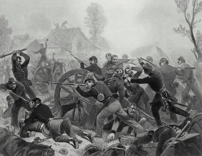 Framed Print : Battle of Shiloh-Recapture of Artillery by a Portion of General Rousseau's Command c Framed Print : Battle of Shiloh-Recapture of Artillery by a Portion of General Rousseau's Command c