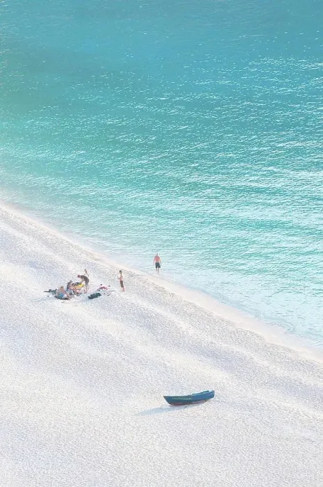 Framed Print : Beach in Greece with boat and bathers, Kefalonia, Greece