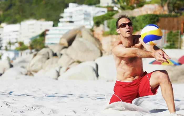 Framed Print : Beach, sports man and strike volley ball in game