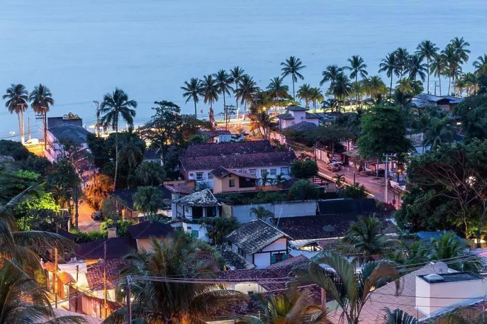 Framed Print : Beautiful view from hill top to small tropical island village Framed Print : Beautiful view from hill top to small tropical island village