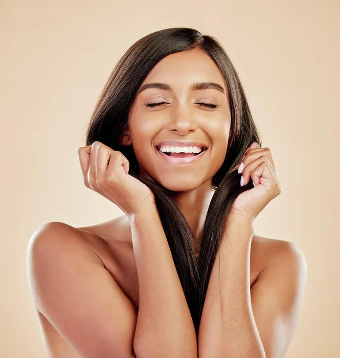 Framed Print : Beauty, hair care and face of a happy woman in studio with natural glow and shine Framed Print : Beauty, hair care and face of a happy woman in studio with natural glow and shine