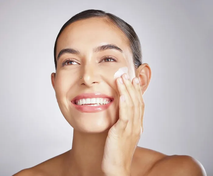 Framed Print : Beauty, skincare and product with cream and woman for facial Framed Print : Beauty, skincare and product with cream and woman for facial