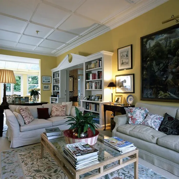 Framed Print : Beige sofas in yellow living room