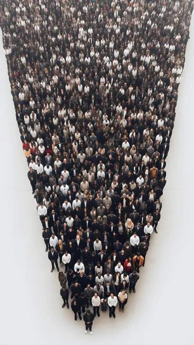 Framed Print : big dence crowd of people on white background in wedge formation, neural network generated image Framed Print : big dence crowd of people on white background in wedge formation, neural network generated image