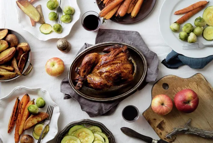 Framed Print : Big festive dinner with roasted chicken and various garnishing. Overhead view, celebration concept Framed Print : Big festive dinner with roasted chicken and various garnishing. Overhead view, celebration concept