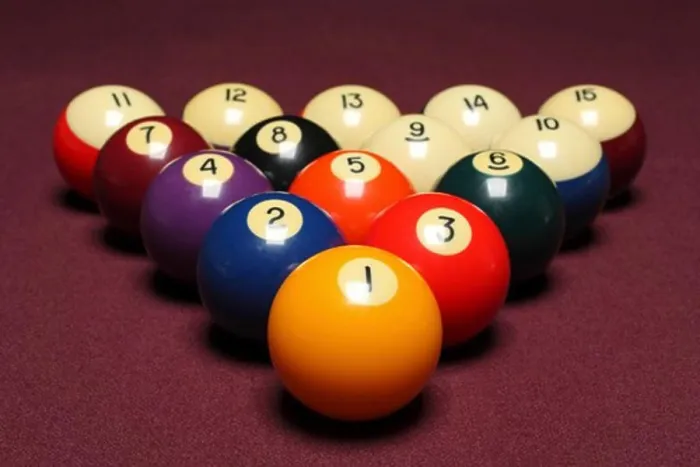 Framed Print : Fifteen billiard balls arranged in triangle on pool table
