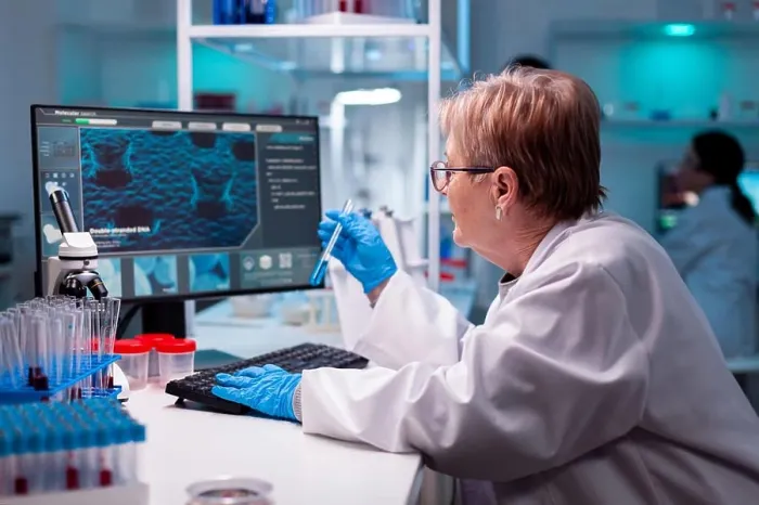 Framed Print : Biotechnologist senior scientist researching with test tube Framed Print : Biotechnologist senior scientist researching with test tube