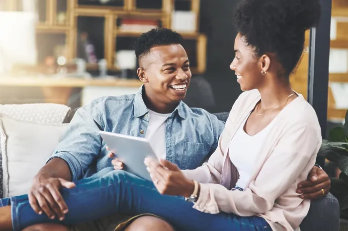 Framed Print : Black couple, bonding and happy with tablet in home for digital app Framed Print : Black couple, bonding and happy with tablet in home for digital app