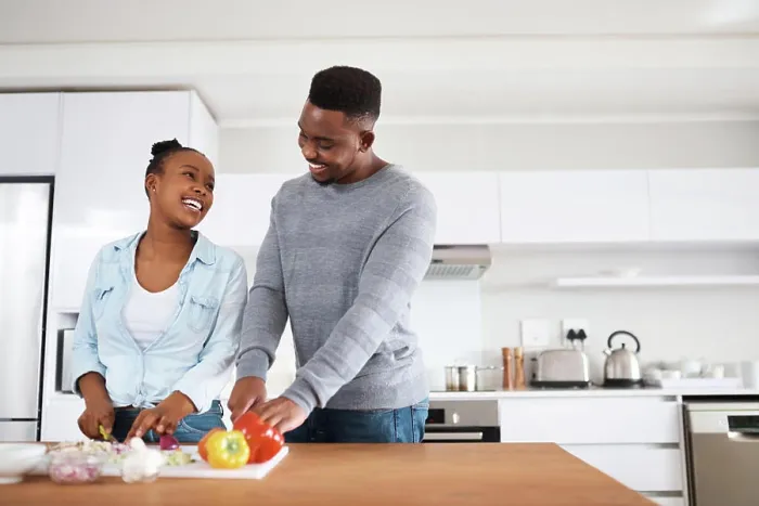Framed Print : Black couple, help and smile with recipe Framed Print : Black couple, help and smile with recipe