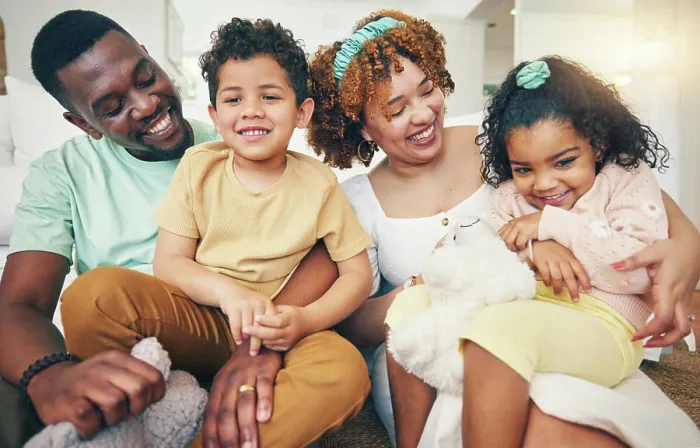 Framed Print : Black family, smile and living room sofa with bonding Framed Print : Black family, smile and living room sofa with bonding