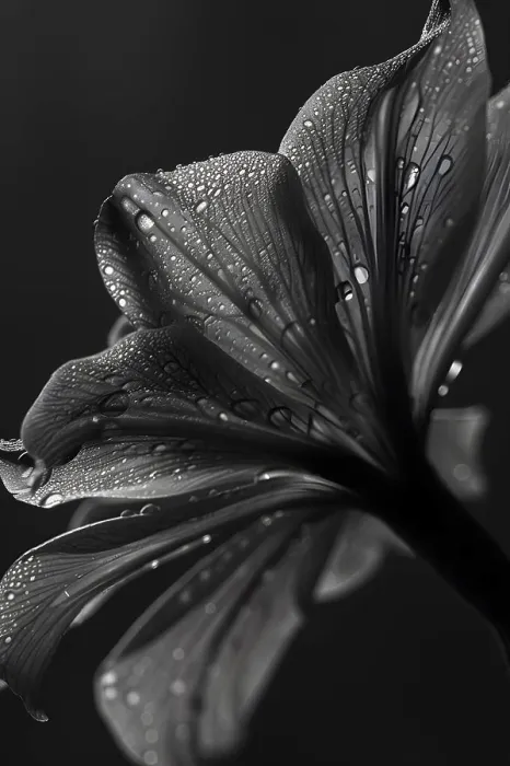 Framed Print : Black and white close-up of a flower petal adorned with water droplets Framed Print : Black and white close-up of a flower petal adorned with water droplets