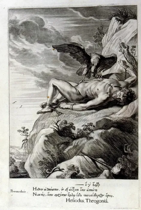 Framed Print : Black and white engraving illustration of Prometheus chained and having his liver eaten by a bird Framed Print : Black and white engraving illustration of Prometheus chained and having his liver eaten by a bird