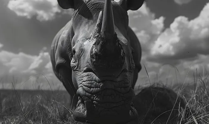 Framed Print : A black and white image of a majestic rhinoceros standing in the grassy landscape Framed Print : A black and white image of a majestic rhinoceros standing in the grassy landscape