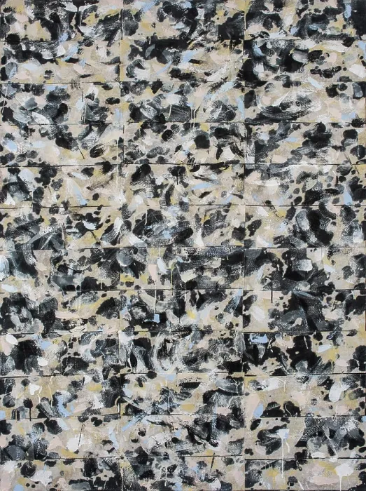 Framed Print : Black, white and other neutral tones consume this painting with interwoven marks that emerge