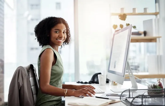 Framed Print : Black woman in business, computer screen and smile in portrait Framed Print : Black woman in business, computer screen and smile in portrait