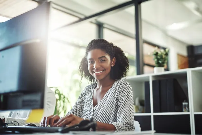 Framed Print : Black woman, computer and portrait for report in office