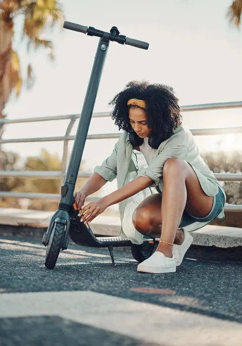 Framed Print : Black woman, ebike and sustainable travel in city