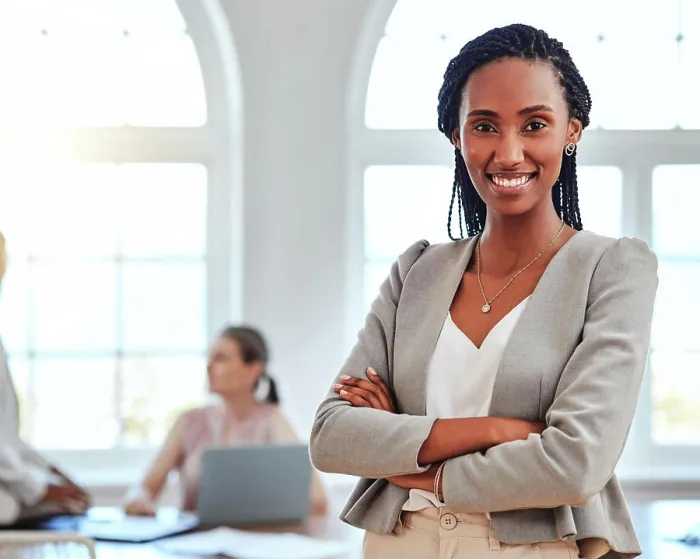 Framed Print : Black woman, entrepreneur and leader stand in office happy Framed Print : Black woman, entrepreneur and leader stand in office happy