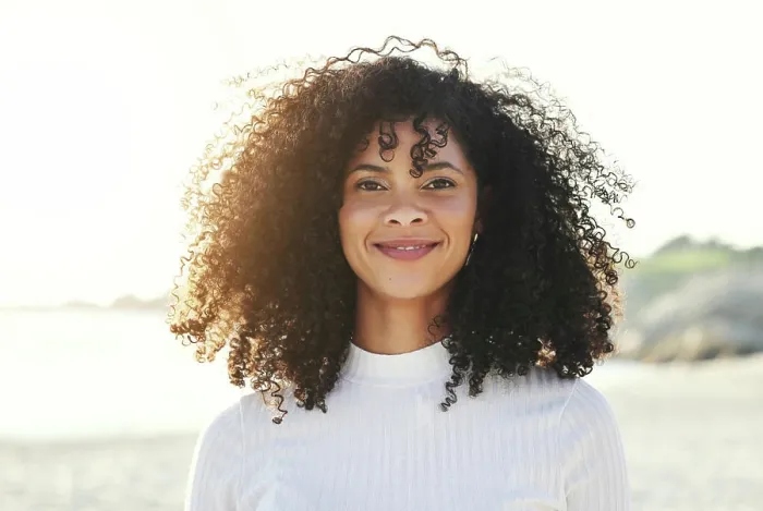 Framed Print : Black woman, face and portrait at beach for vacation Framed Print : Black woman, face and portrait at beach for vacation
