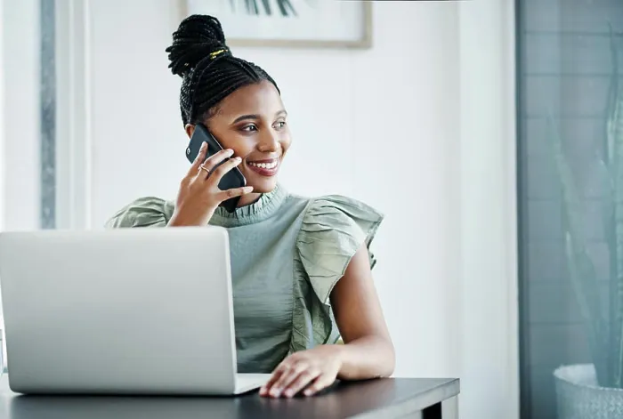 Framed Print : Black woman, phone call and laptop for thinking in office