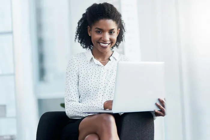 Framed Print : Black woman, portrait and laptop with smile in office for reading emails Framed Print : Black woman, portrait and laptop with smile in office for reading emails