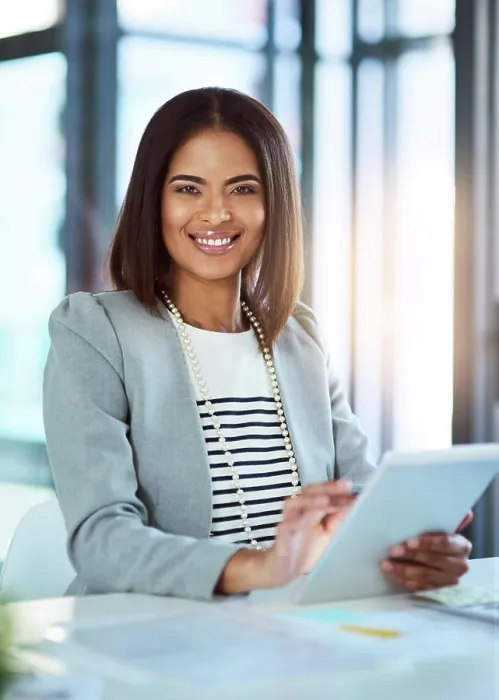 Framed Print : Black woman, portrait and tablet for finance in office Framed Print : Black woman, portrait and tablet for finance in office