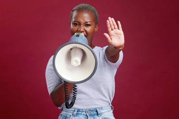 Framed Print : Black woman, protest and shouting with megaphone for voice Framed Print : Black woman, protest and shouting with megaphone for voice