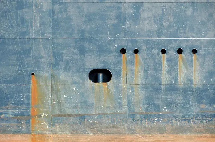 Framed Print : Bleeding rust from hull of tank ship Framed Print : Bleeding rust from hull of tank ship