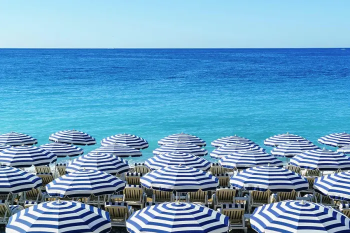 Framed Print : Blue and white beach parasols, Nice, Alpes Maritimes, Cote d'Azur, Provence, France, Mediterranean, Europe